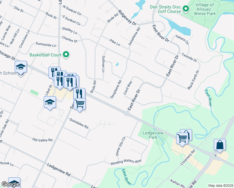 map of restaurants, bars, coffee shops, grocery stores, and more near 289 Desplaine Road in De Pere
