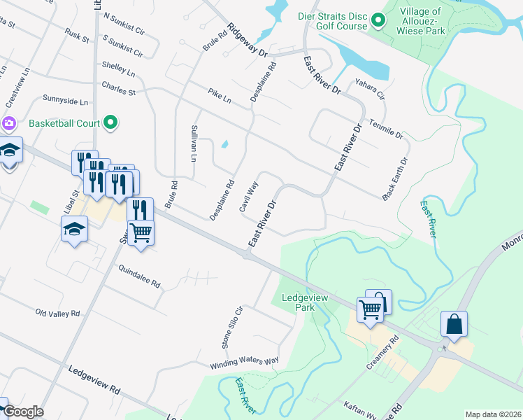 map of restaurants, bars, coffee shops, grocery stores, and more near 214 East River Drive in De Pere