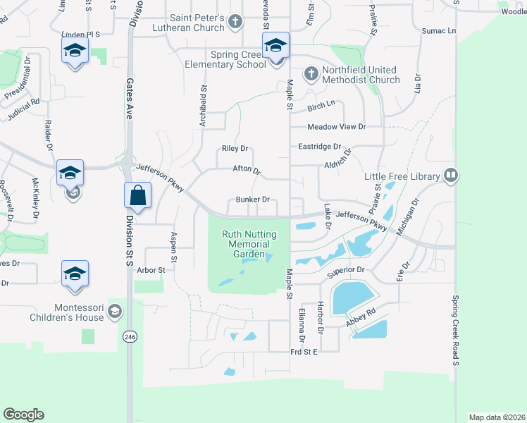 map of restaurants, bars, coffee shops, grocery stores, and more near 1901 Wilcox Boulevard East in Northfield