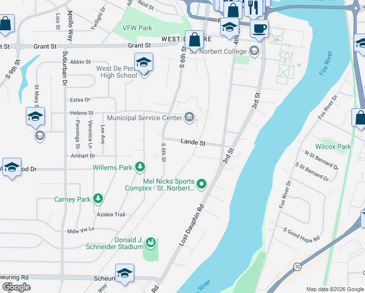 map of restaurants, bars, coffee shops, grocery stores, and more near 519 Lande Street in De Pere