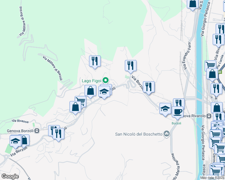 map of restaurants, bars, coffee shops, grocery stores, and more near 162S Via Borzoli in Genova