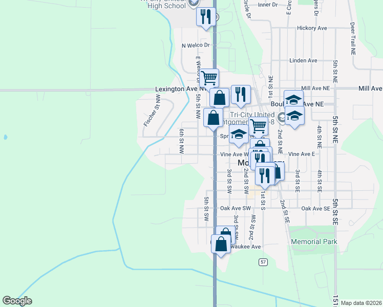 map of restaurants, bars, coffee shops, grocery stores, and more near 100 5th Street Northwest in Montgomery