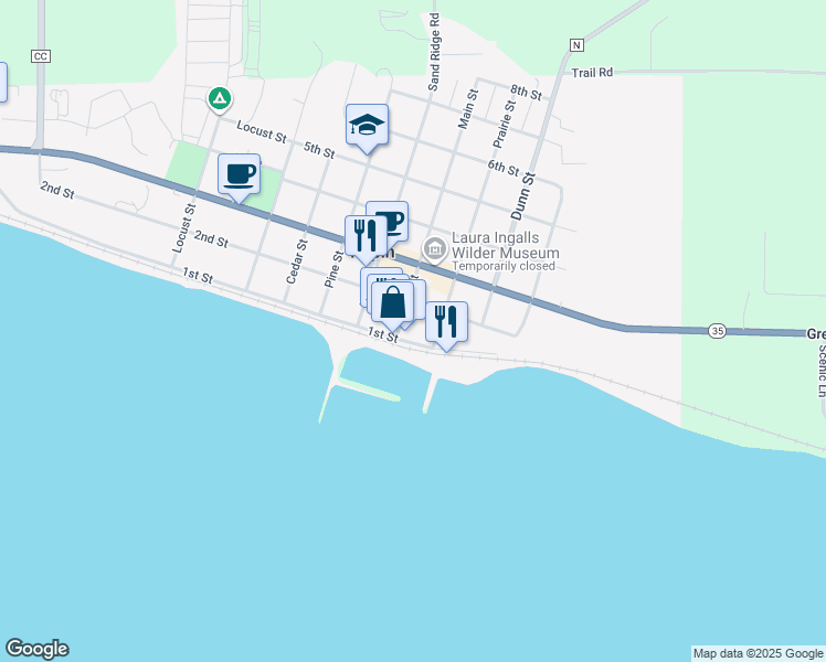 map of restaurants, bars, coffee shops, grocery stores, and more near 306 1st Street in Pepin