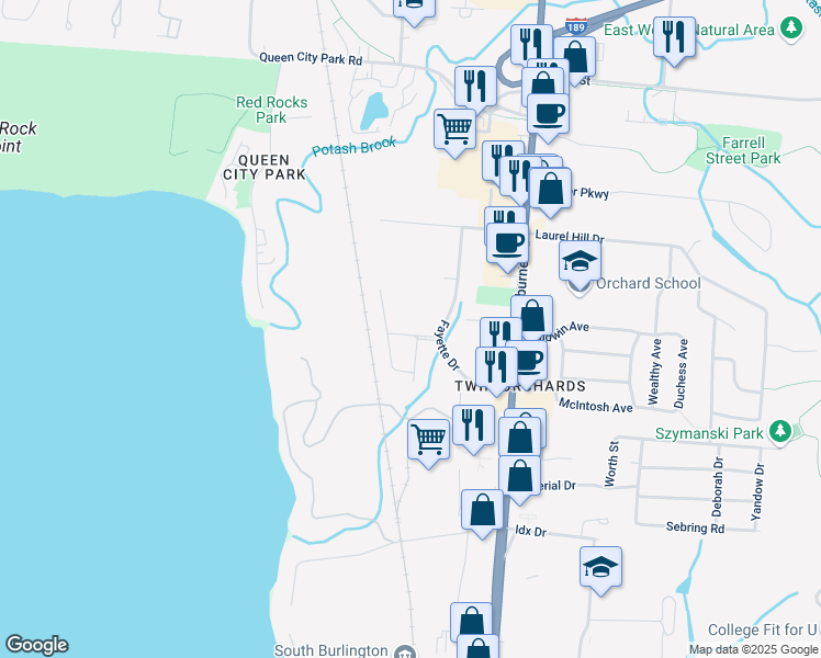 map of restaurants, bars, coffee shops, grocery stores, and more near 6 Olde Orchard Park in South Burlington