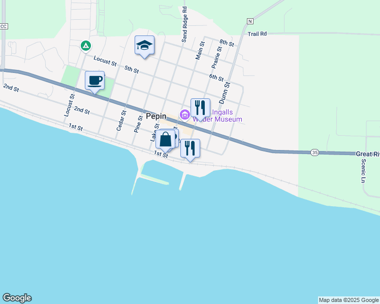 map of restaurants, bars, coffee shops, grocery stores, and more near 211 2nd Street in Pepin