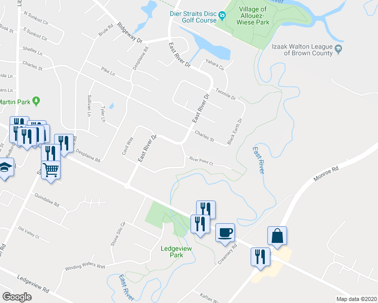 map of restaurants, bars, coffee shops, grocery stores, and more near 2037 River Point Court in De Pere