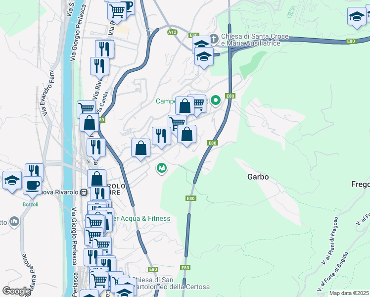 map of restaurants, bars, coffee shops, grocery stores, and more near 28 R Via al Garbo in Genova