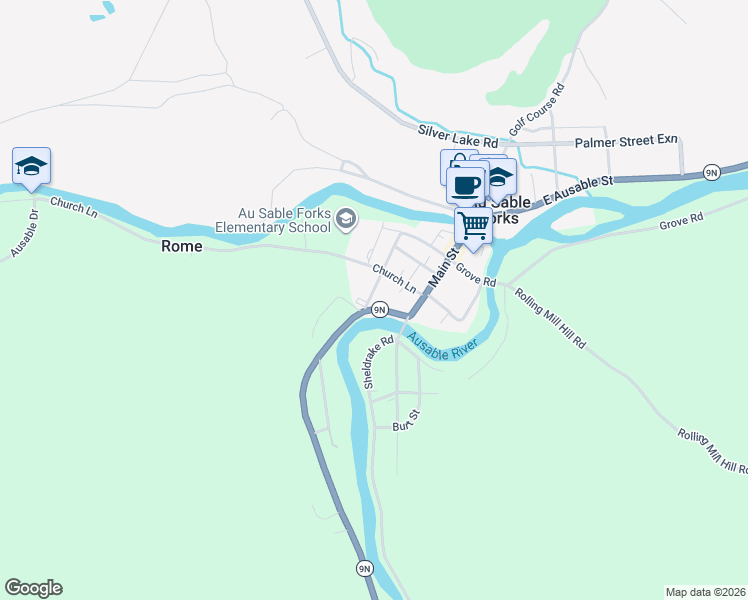map of restaurants, bars, coffee shops, grocery stores, and more near 4 College Street in Au Sable Forks