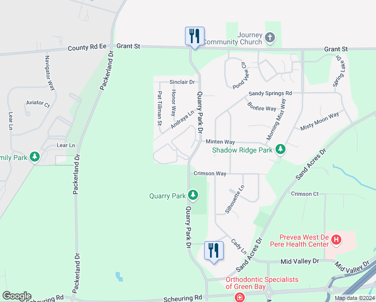 map of restaurants, bars, coffee shops, grocery stores, and more near 1574 Quarry Park Drive in De Pere