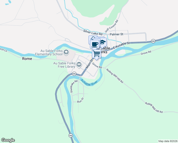 map of restaurants, bars, coffee shops, grocery stores, and more near 3 School Lane in Au Sable Forks