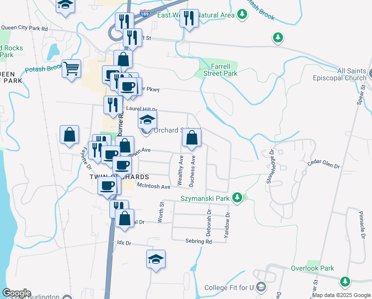 map of restaurants, bars, coffee shops, grocery stores, and more near 30 Laurentide Lane in South Burlington