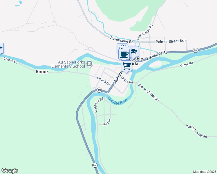 map of restaurants, bars, coffee shops, grocery stores, and more near 3 Church Ln in Au Sable Forks