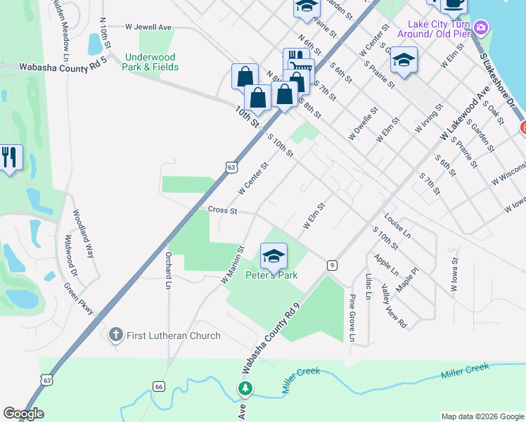 map of restaurants, bars, coffee shops, grocery stores, and more near 301 Cross Street in Lake City