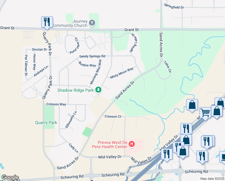 map of restaurants, bars, coffee shops, grocery stores, and more near 1496 Sand Acres Drive in De Pere