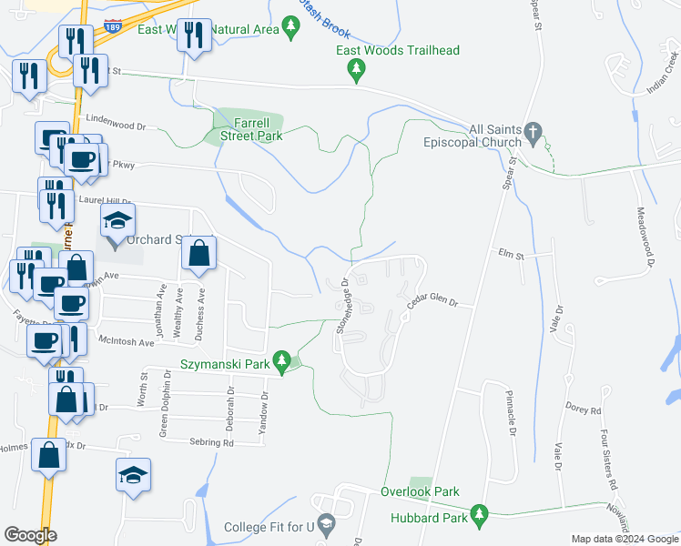 map of restaurants, bars, coffee shops, grocery stores, and more near 12 Cedar Glen North in South Burlington
