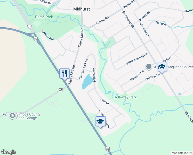 map of restaurants, bars, coffee shops, grocery stores, and more near 32 Cairns Boulevard in Midhurst