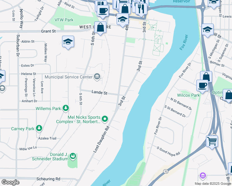 map of restaurants, bars, coffee shops, grocery stores, and more near 920 4th St in De Pere