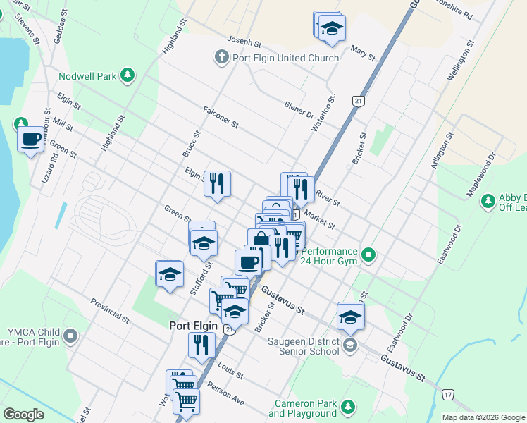 map of restaurants, bars, coffee shops, grocery stores, and more near Waterloo St & Elgin St in Saugeen Shores