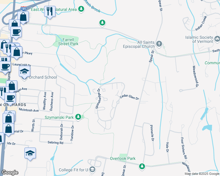 map of restaurants, bars, coffee shops, grocery stores, and more near E12 Stonehedge Drive in South Burlington