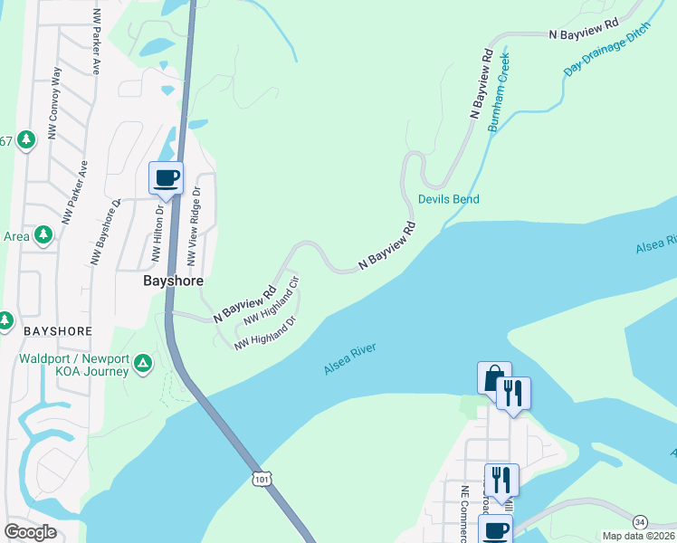 map of restaurants, bars, coffee shops, grocery stores, and more near 588 North Bayview Road in Waldport