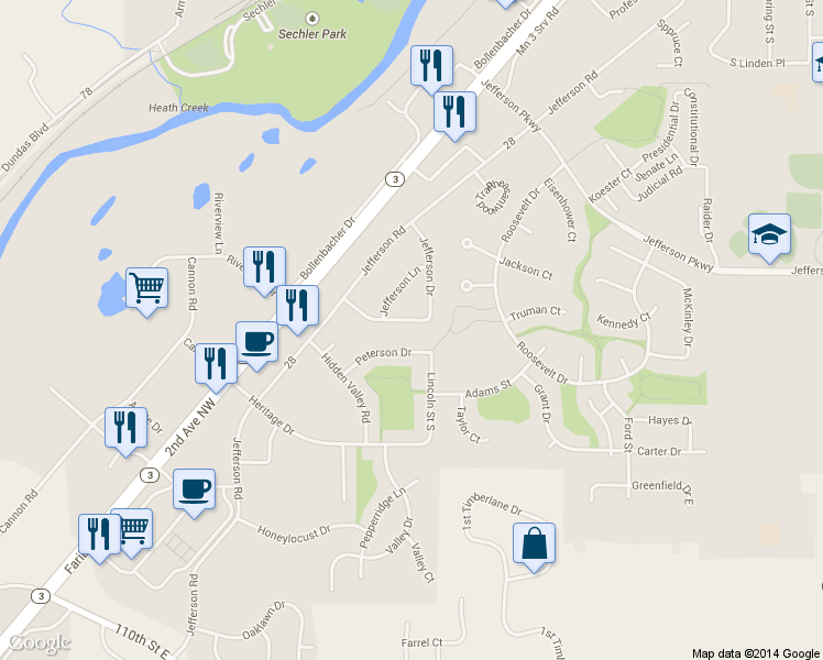 map of restaurants, bars, coffee shops, grocery stores, and more near 38 Jefferson Drive in Northfield
