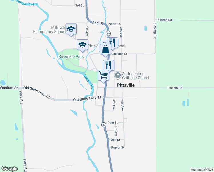map of restaurants, bars, coffee shops, grocery stores, and more near 8244 Main Street in Pittsville