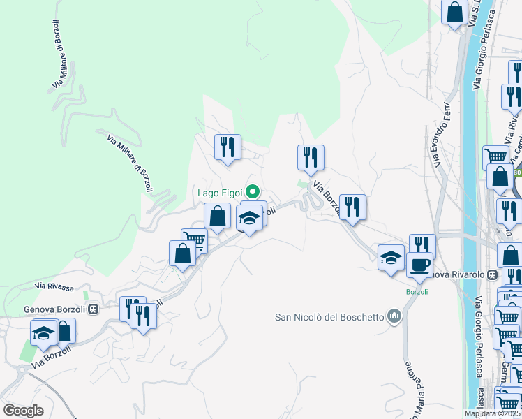map of restaurants, bars, coffee shops, grocery stores, and more near 162S Via Borzoli in Genova