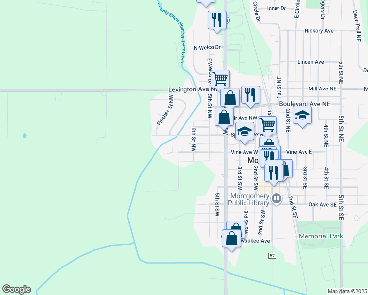 map of restaurants, bars, coffee shops, grocery stores, and more near 701 Vine Court West in Montgomery