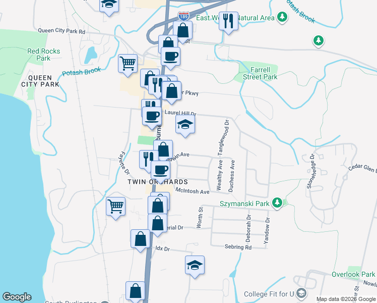 map of restaurants, bars, coffee shops, grocery stores, and more near 26 Baldwin Avenue in South Burlington