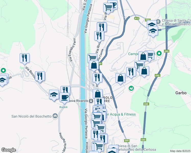 map of restaurants, bars, coffee shops, grocery stores, and more near 18 Via Celesia in Genoa