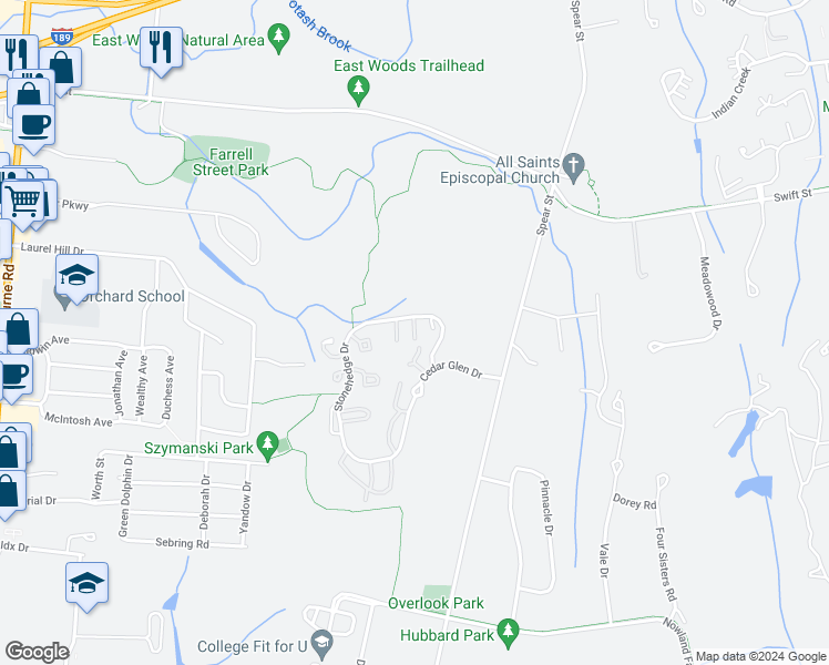 map of restaurants, bars, coffee shops, grocery stores, and more near g3 Stonehedge Drive in South Burlington