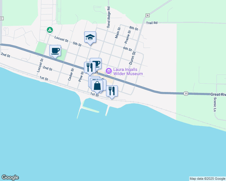 map of restaurants, bars, coffee shops, grocery stores, and more near 211 2nd Street in Pepin