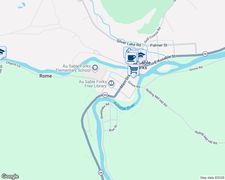 map of restaurants, bars, coffee shops, grocery stores, and more near 3 Church Ln in Au Sable Forks