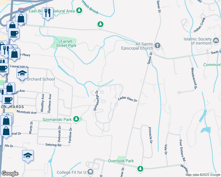 map of restaurants, bars, coffee shops, grocery stores, and more near E12 Stonehedge Drive in South Burlington