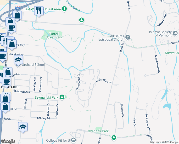 map of restaurants, bars, coffee shops, grocery stores, and more near E12 Stonehedge Drive in South Burlington