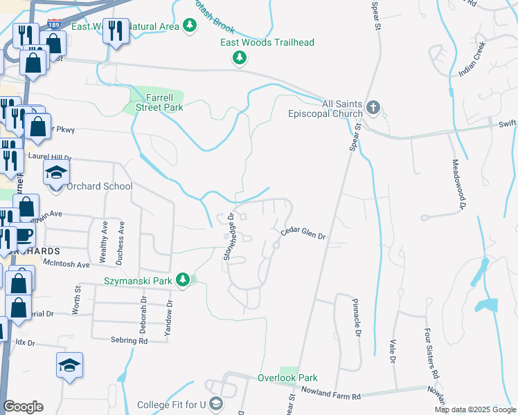 map of restaurants, bars, coffee shops, grocery stores, and more near E12 Stonehedge Drive in South Burlington