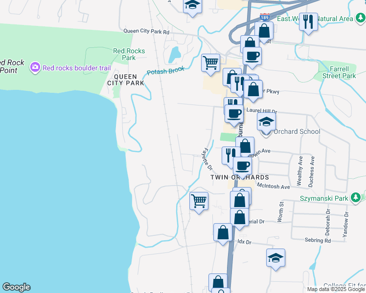 map of restaurants, bars, coffee shops, grocery stores, and more near 6 Olde Orchard Park in South Burlington