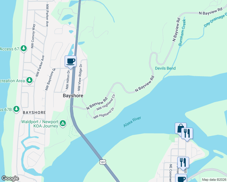 map of restaurants, bars, coffee shops, grocery stores, and more near 705 Northwest Highland Circle in Waldport