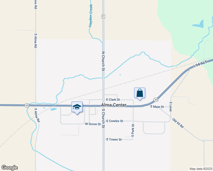 map of restaurants, bars, coffee shops, grocery stores, and more near 407 North Church Street in Alma Center