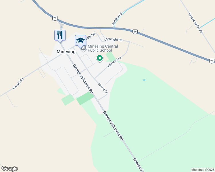 map of restaurants, bars, coffee shops, grocery stores, and more near 3 Stokes Drive in Minesing