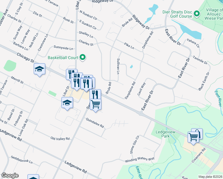 map of restaurants, bars, coffee shops, grocery stores, and more near 348 Desplaine Road in De Pere