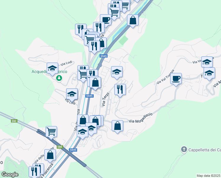 map of restaurants, bars, coffee shops, grocery stores, and more near 36 Via Terpi in Genova