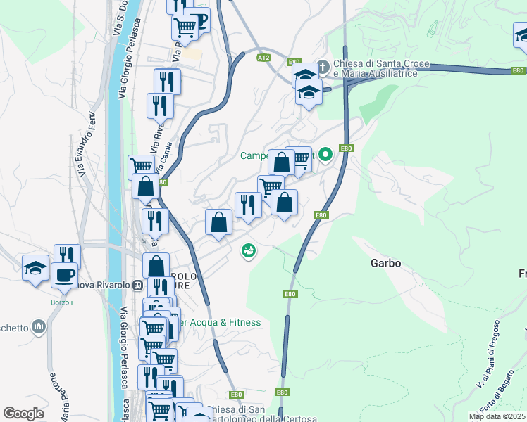 map of restaurants, bars, coffee shops, grocery stores, and more near 28 R Via al Garbo in Genova