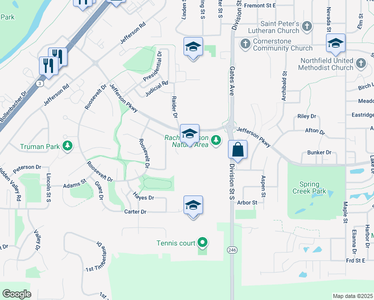 map of restaurants, bars, coffee shops, grocery stores, and more near 401 Jefferson Parkway in Northfield
