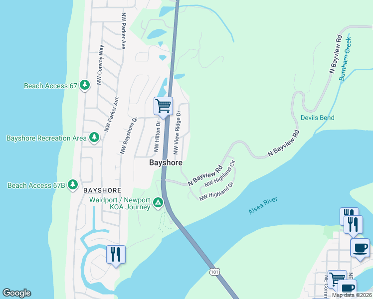 map of restaurants, bars, coffee shops, grocery stores, and more near Northwest Salal Drive in Waldport