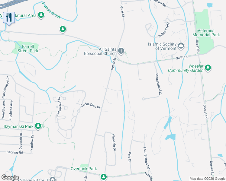 map of restaurants, bars, coffee shops, grocery stores, and more near 1350 Spear Street in South Burlington