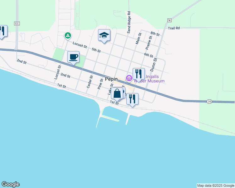 map of restaurants, bars, coffee shops, grocery stores, and more near 306 1st Street in Pepin