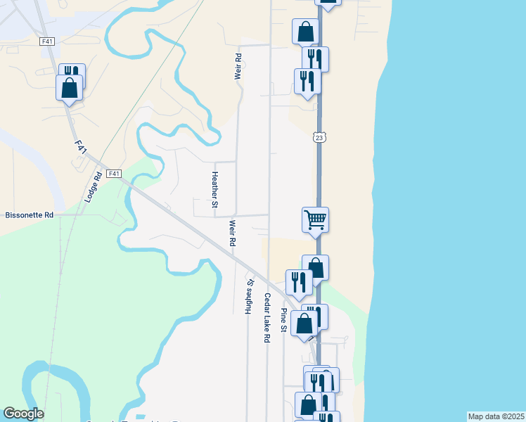 map of restaurants, bars, coffee shops, grocery stores, and more near 6253 Woodland Road in Oscoda