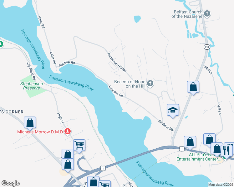 map of restaurants, bars, coffee shops, grocery stores, and more near Robbins Road in Belfast