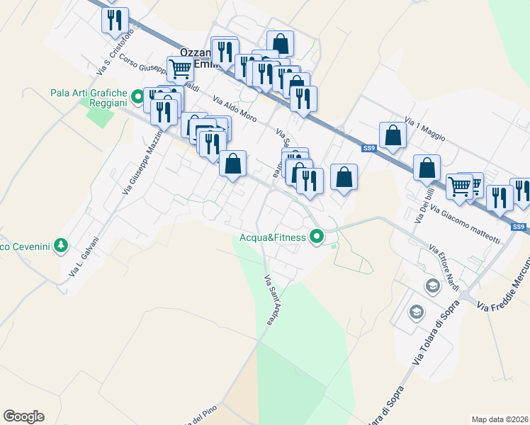 map of restaurants, bars, coffee shops, grocery stores, and more near 11 Via Dozza Giuseppe in Ozzano Dell`Emilia